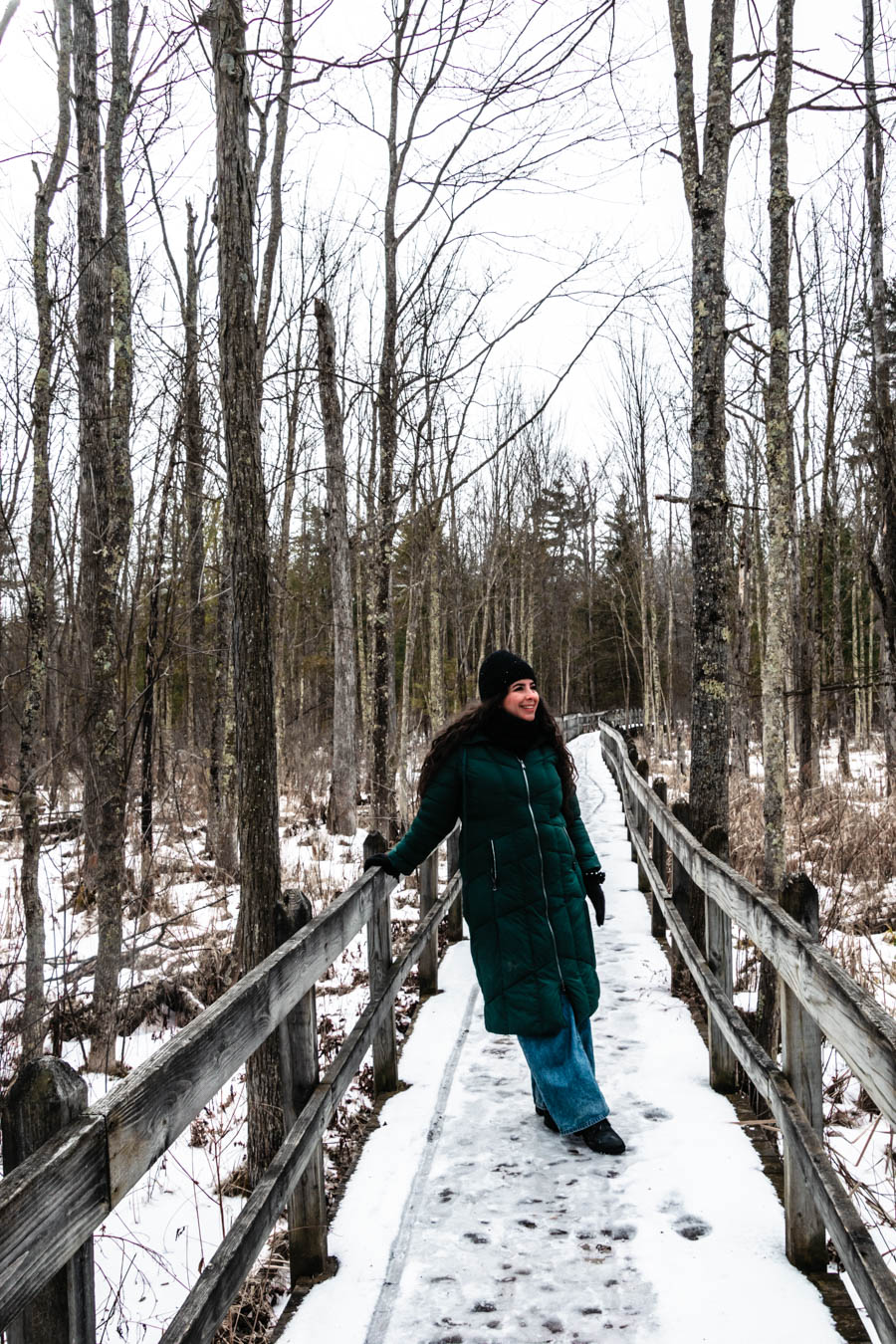 Image of a woman in a long green coat walking on an icy boardwalk – A woman enjoying a winter walk along a snow-dusted wooden trail, surrounded by bare trees and a serene forest landscape.