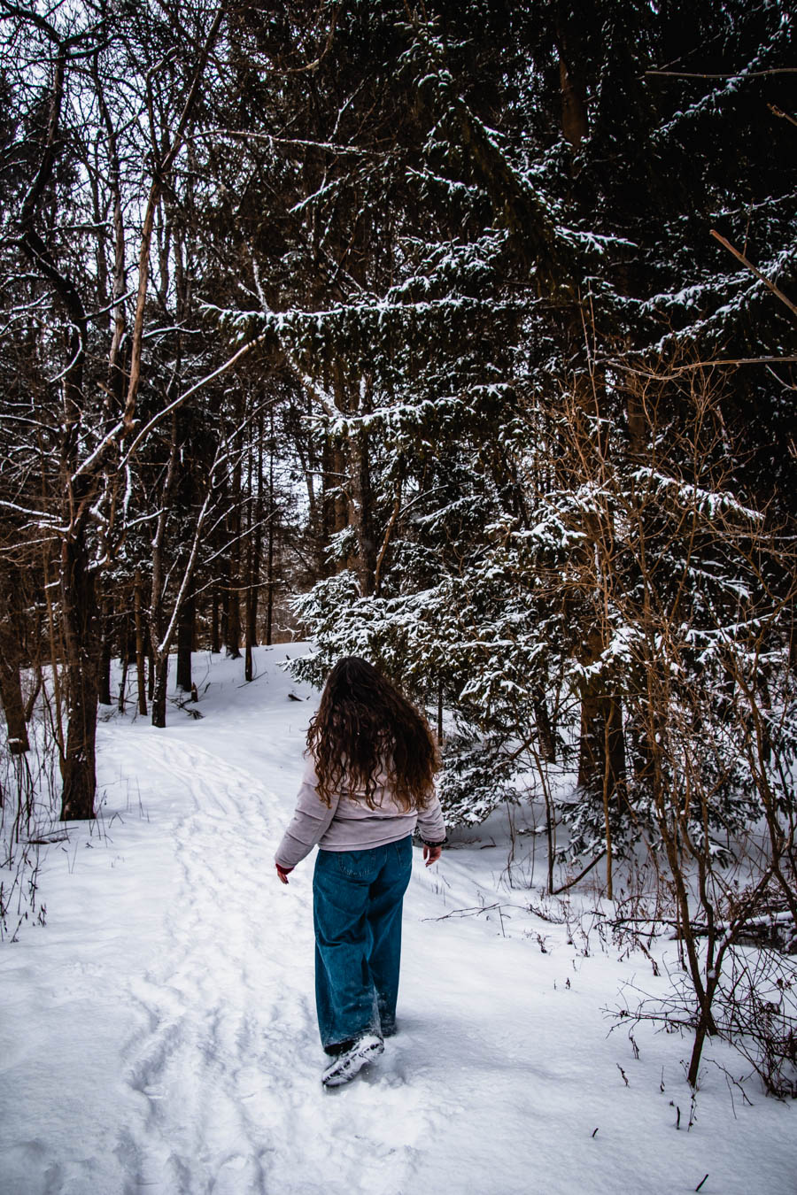 A woman walking along a snow-covered forest trail, embracing the quiet beauty of winter hiking in the Finger Lakes.