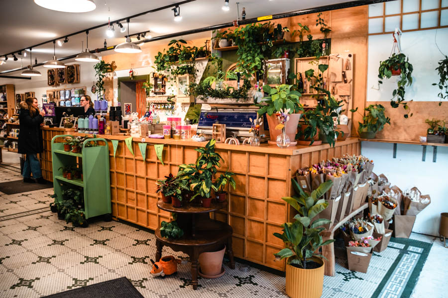 Image of an inviting shop with plants, flowers, and wooden decor – A cozy and vibrant shop in the Finger Lakes filled with fresh flowers, potted plants, and artisanal goods, a perfect stop for winter shopping.